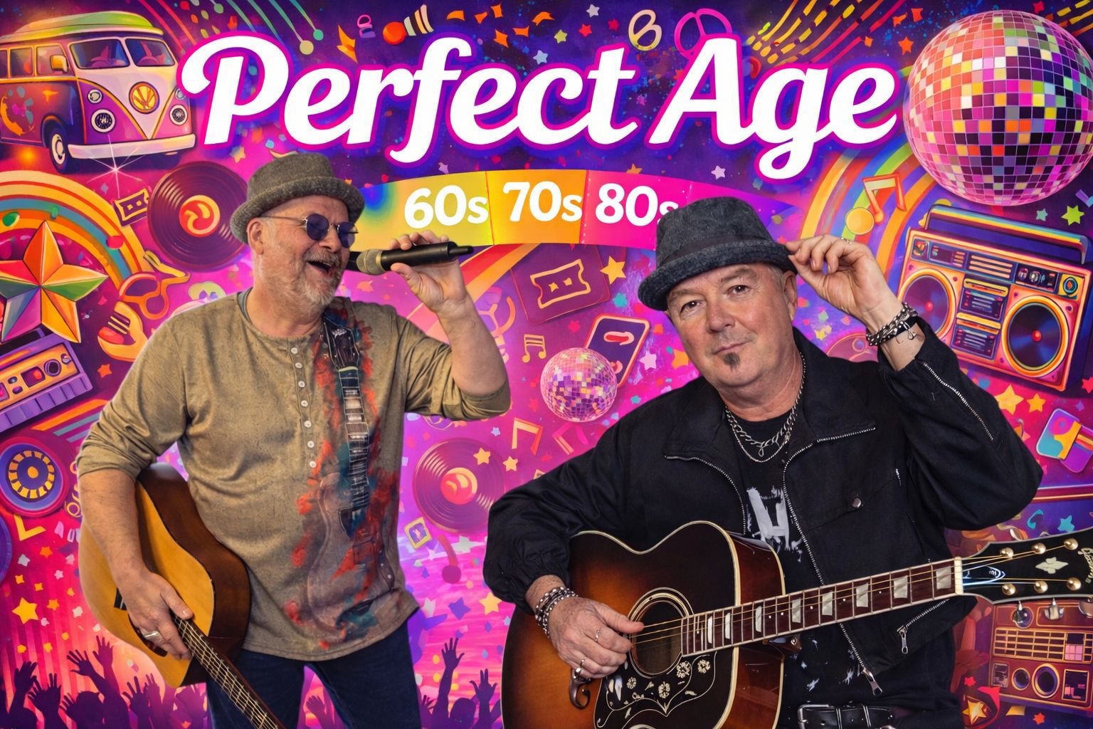 Plakat zeigt die Band Perfect Age zwei Musiker mit Gitarren